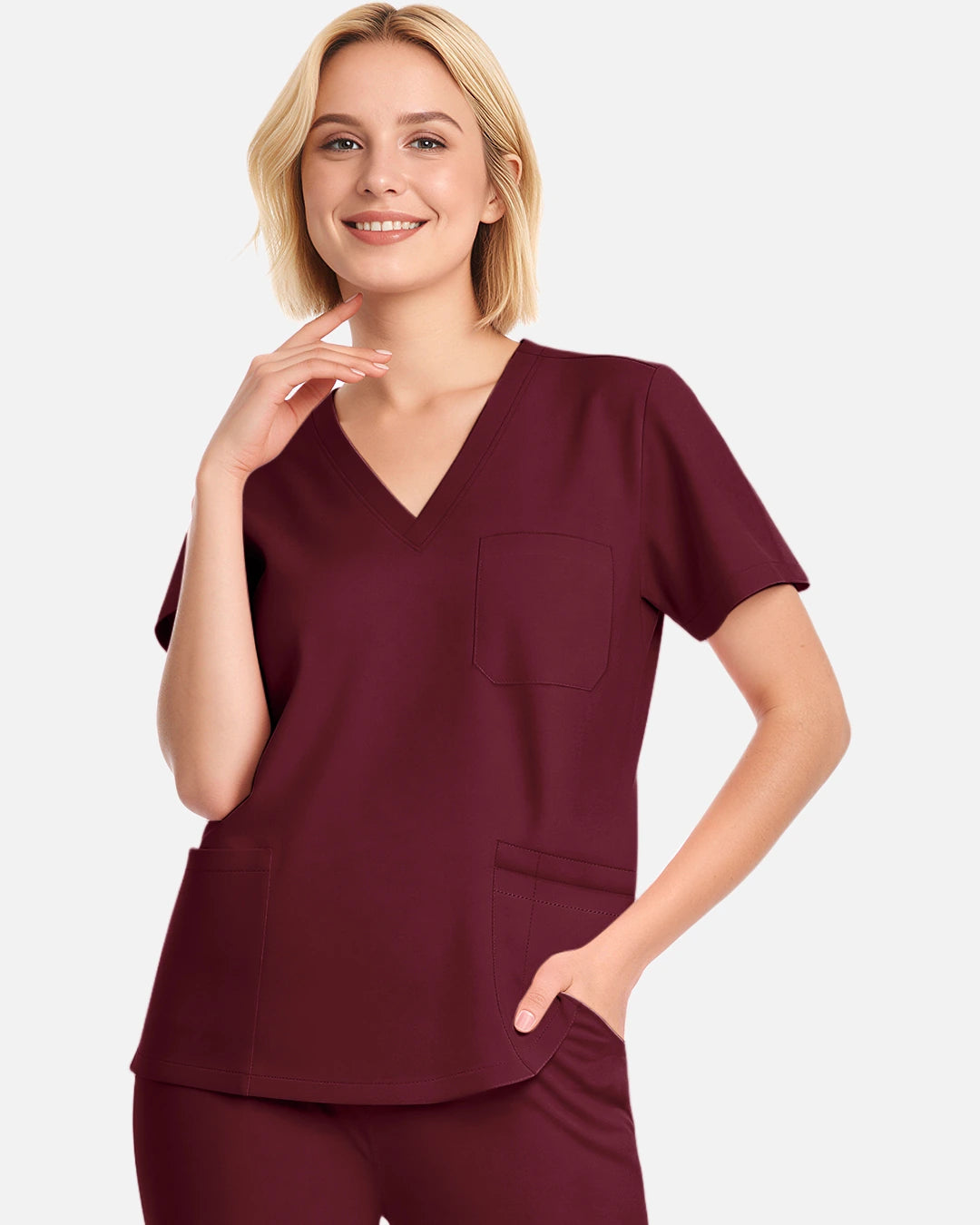 Burgundy Red – Eadflie Women's V-Neck Uniform Top – Short Sleeve 3-Pocket Soft Stretch – product image 47