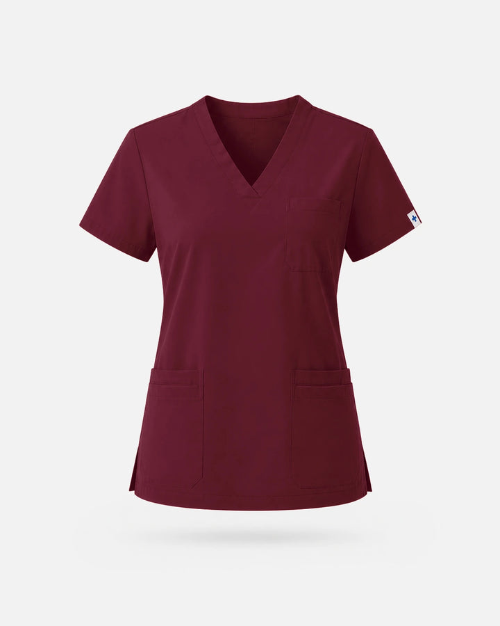Eadflie Women's V-Neck Uniform Top – Short Sleeve 3-Pocket Soft Stretch - Burgundy Red