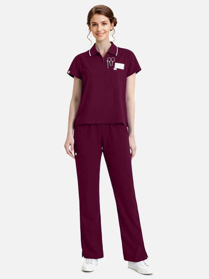 Burgundy Red – Eadflie Women's Zip Polo Straight-Leg Uniform Set – product image 02