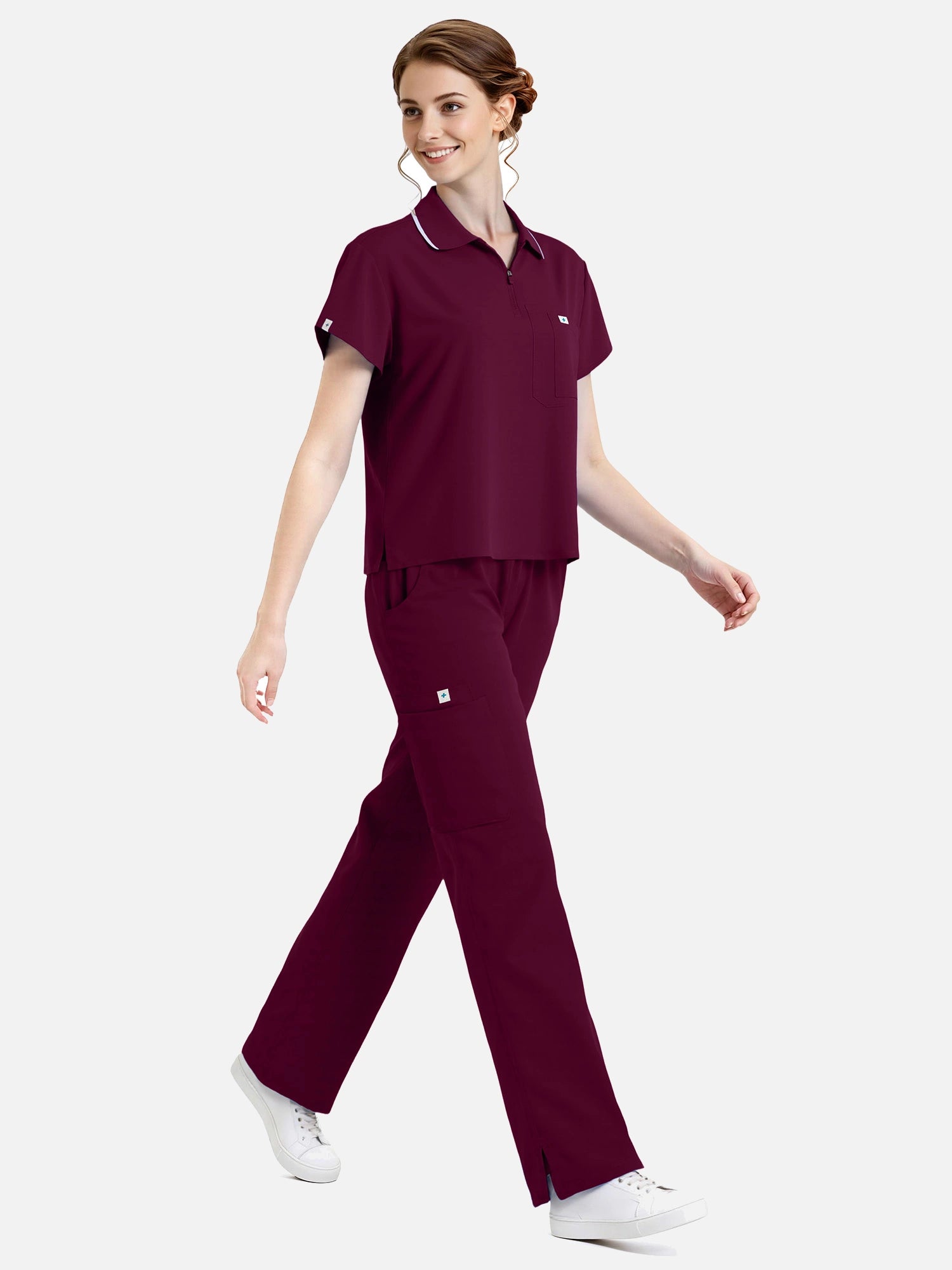 Burgundy Red – Eadflie Women's Zip Polo Straight-Leg Uniform Set – product image 09