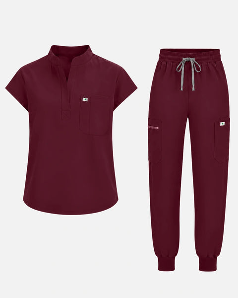 Burgundy Red – Eadflie Women's Henley Sleeveless Jogger Uniform Set – product image 01