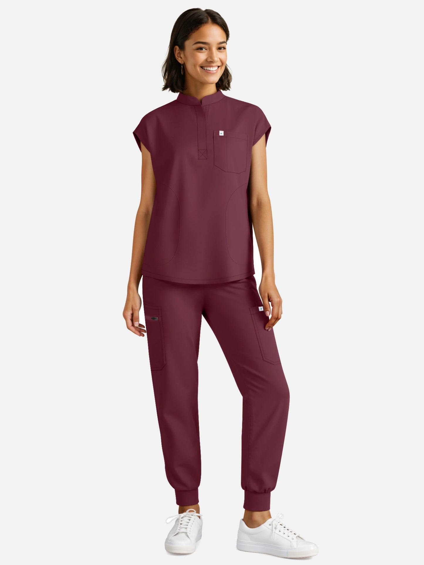 Burgundy Red – Eadflie Women's Henley Sleeveless Jogger Uniform Set – product image 02