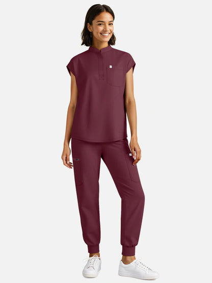Burgundy Red – Eadflie Women's Henley Sleeveless Jogger Uniform Set – product image 02