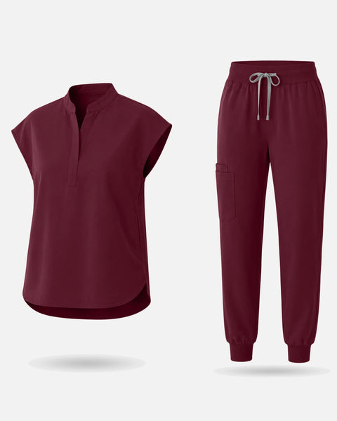 Burgundy Red – Eadflie Women's Sleeveless Mandarin Collar Jogger Uniform Set – product image 01
