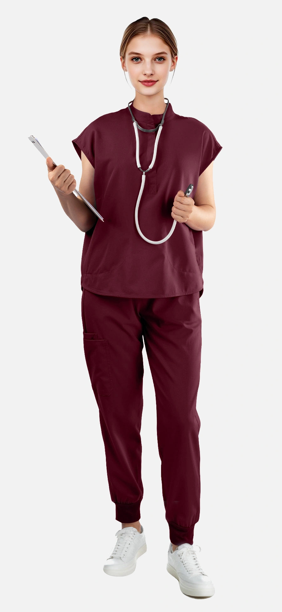 Burgundy Red – Eadflie Women's Sleeveless Mandarin Collar Jogger Uniform Set – product image 04