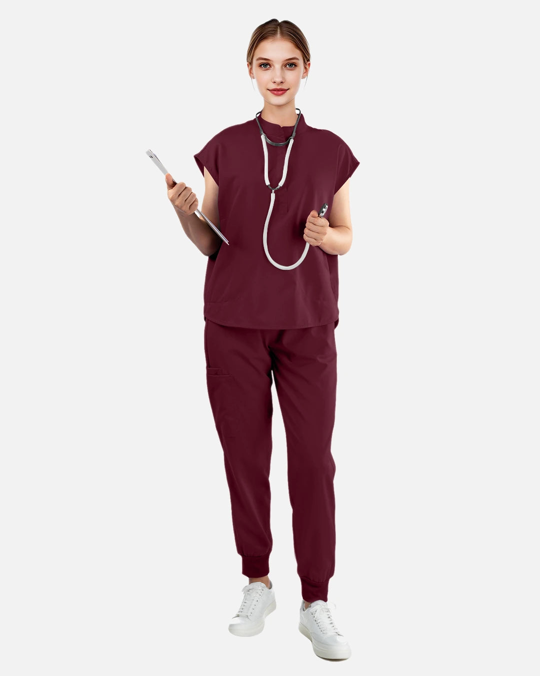 Burgundy Red – Eadflie Women's Sleeveless Mandarin Collar Uniform Top – product image 03