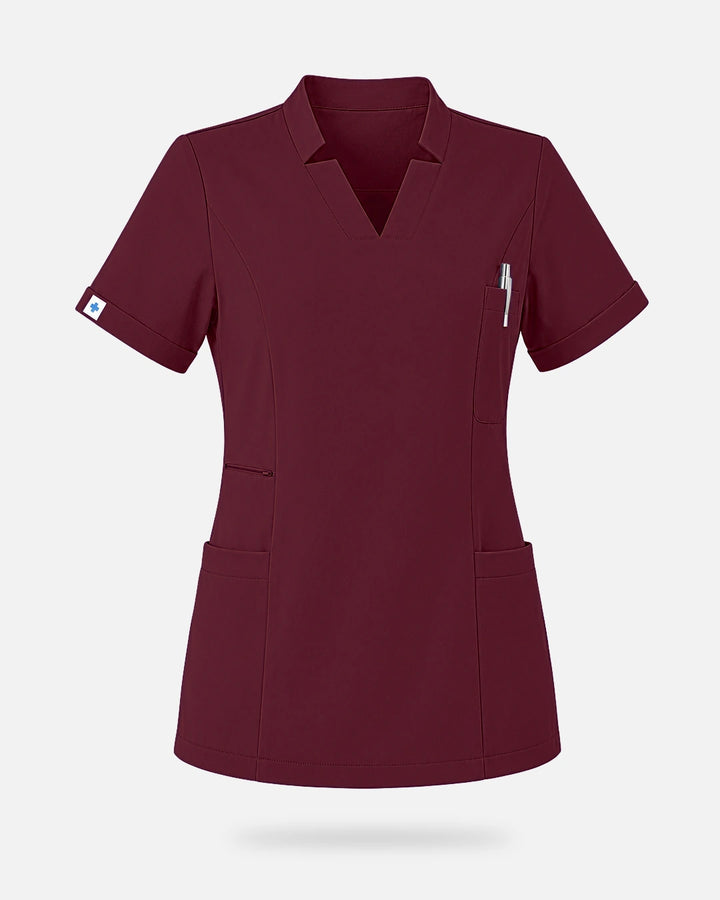 Eadflie Women's Split V-Neck Uniform Top - Burgundy Red