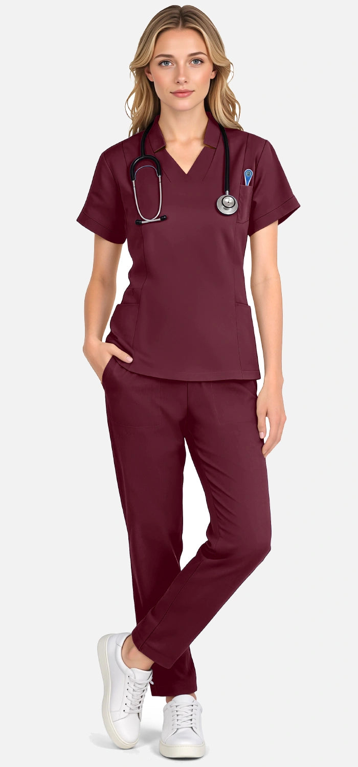 Burgundy Red – Eadflie Women's Split V-Neck Uniform Set – Tapered-Leg 9-Pocket Slim Fit – product image 02
