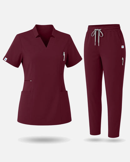 Burgundy Red – Eadflie Women's Split V-Neck Uniform Set – Tapered-Leg 9-Pocket Slim Fit – product image 01