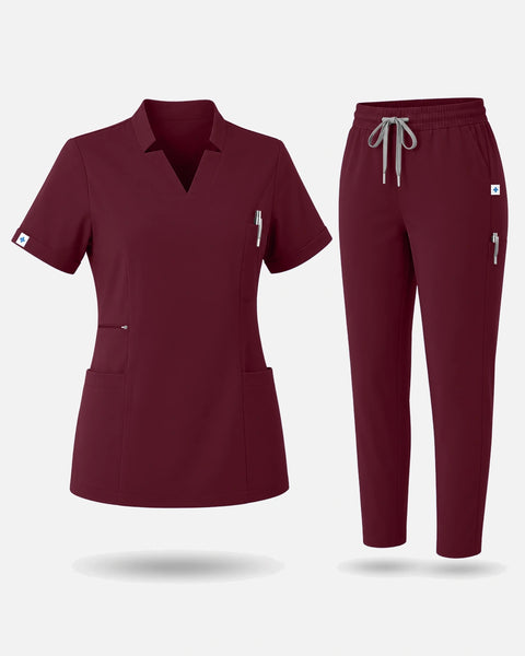 Burgundy Red – Eadflie Women's Split V-Neck Uniform Set – Tapered-Leg 9-Pocket Slim Fit – product image 01