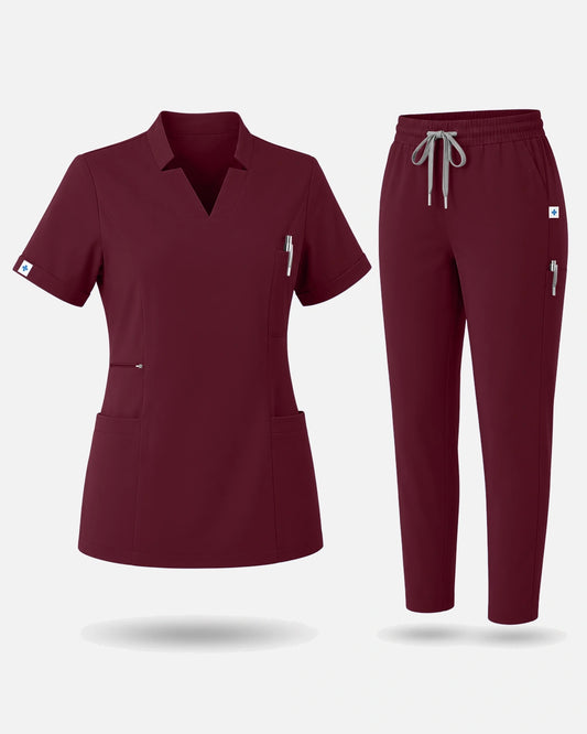 Burgundy Red – Eadflie Women's Split V-Neck Uniform Set – Tapered-Leg 9-Pocket Slim Fit – product image 01