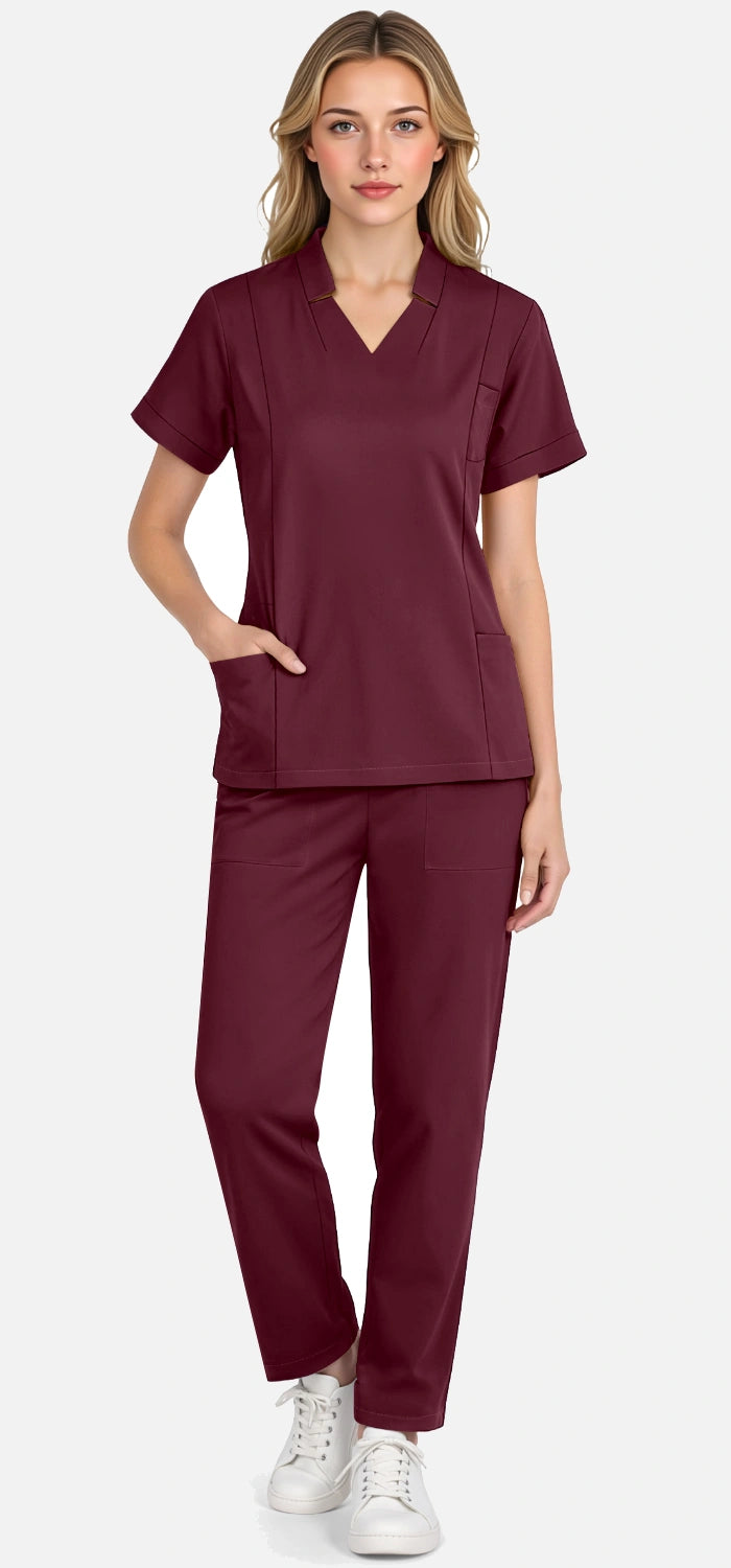 Burgundy Red – Eadflie Women's Split V-Neck Uniform Set – Tapered-Leg 9-Pocket Slim Fit – product image 03