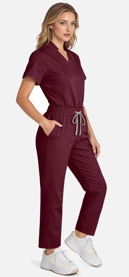 Burgundy Red – Eadflie Women's Split V-Neck Uniform Set – Tapered-Leg 9-Pocket Slim Fit – product image 04