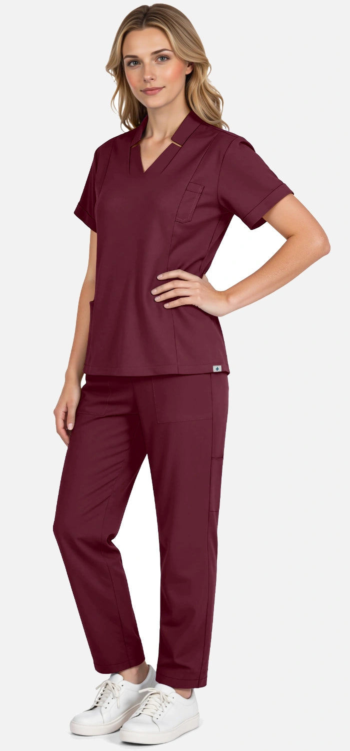 Burgundy Red – Eadflie Women's Split V-Neck Uniform Set – Tapered-Leg 9-Pocket Slim Fit – product image 05