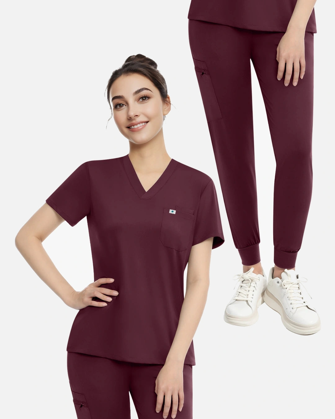 Burgundy Red – Eadflie Women's Knit V-Neck Jogger Uniform Set – product image 02