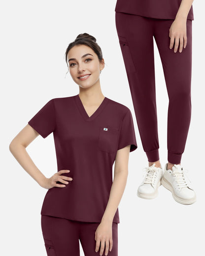 Burgundy Red – Eadflie Women's Knit V-Neck Jogger Uniform Set – product image 02