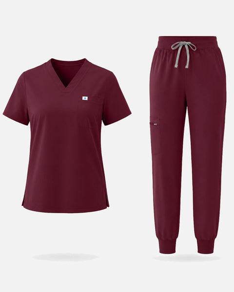 Burgundy Red – Eadflie Women's Classic V-Neck Jogger Uniform Set – product image 01