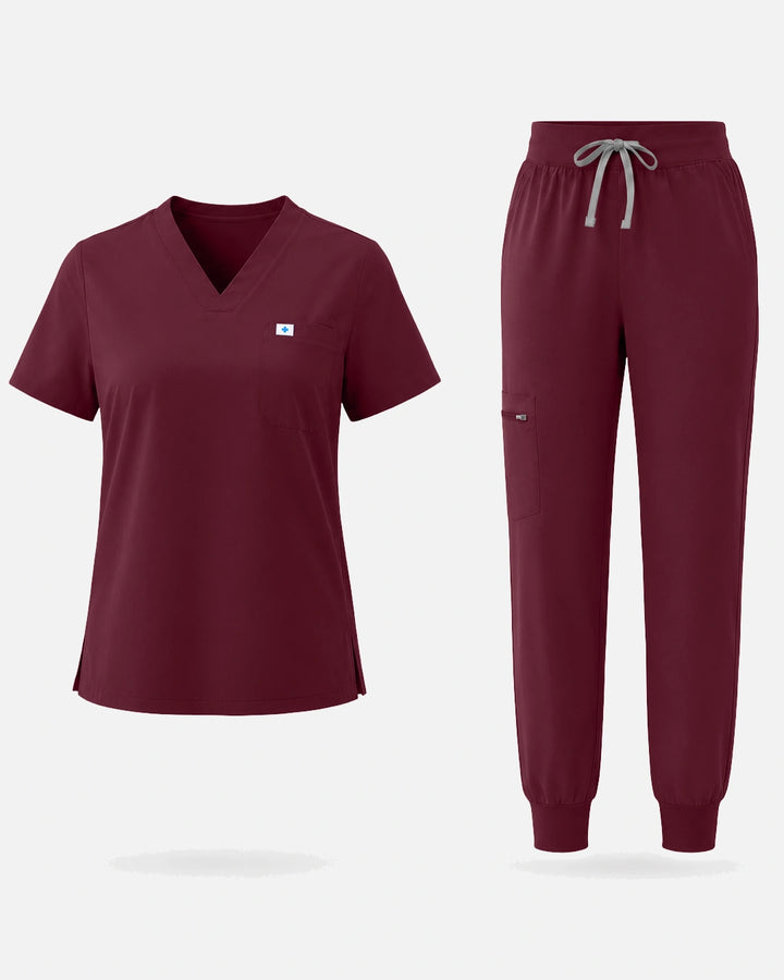Eadflie Women's Classic V-Neck Jogger Uniform Set - Burgundy Red