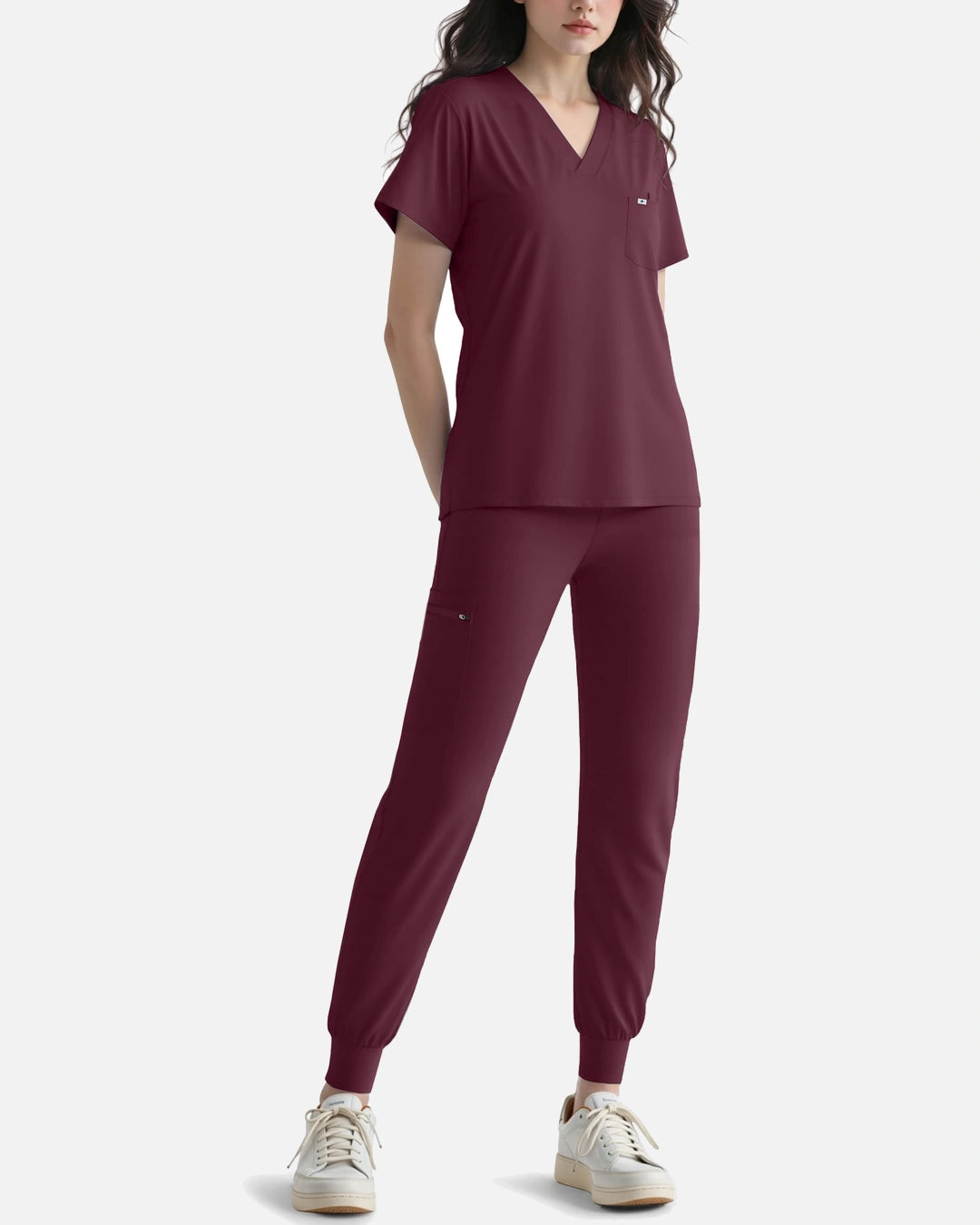 Burgundy Red – Eadflie Women's Knit V-Neck Jogger Uniform Set – product image 03
