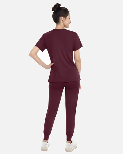 Burgundy Red – Eadflie Women's Knit V-Neck Jogger Uniform Set – product image 04