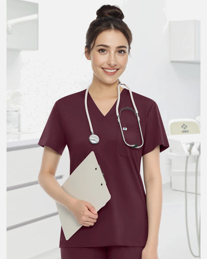 Burgundy Red – Eadflie Women's Knit V-Neck Jogger Uniform Set – product image 05