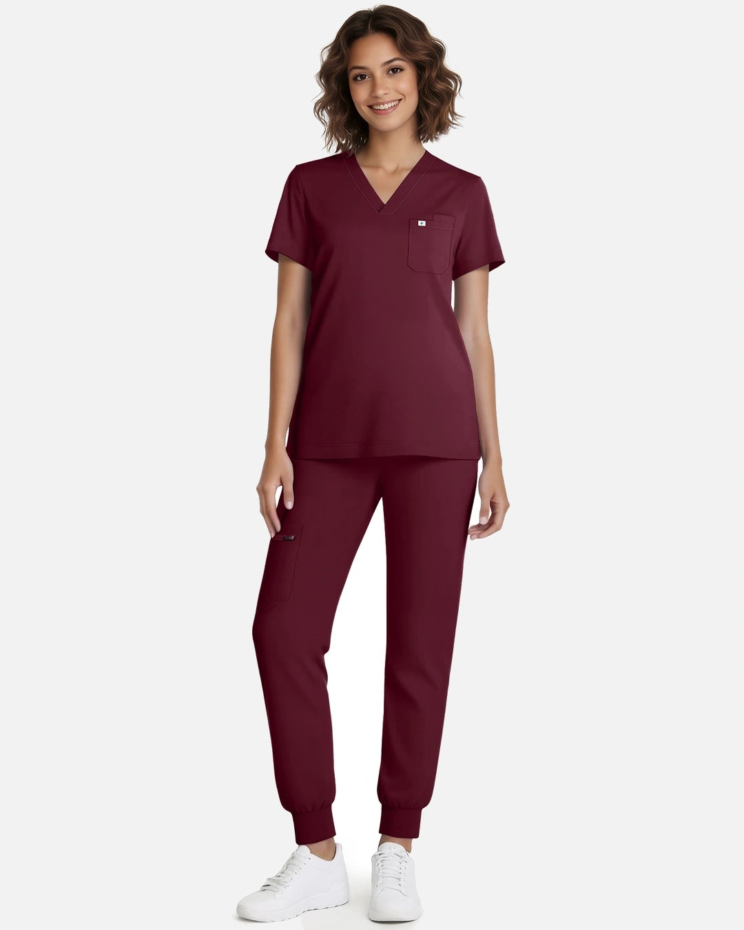 Burgundy Red – Eadflie Women's Classic V-Neck Jogger Uniform Set – product image 02