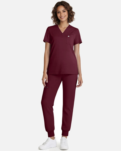 Burgundy Red – Eadflie Women's Classic V-Neck Jogger Uniform Set – product image 02