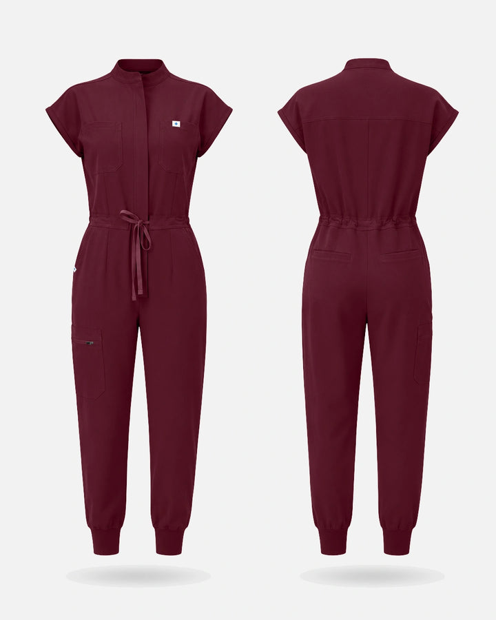 Eadflie Women's Zip-Front Uniform Jumpsuit – Sleeveless Stretch One-Piece - Burgundy Red