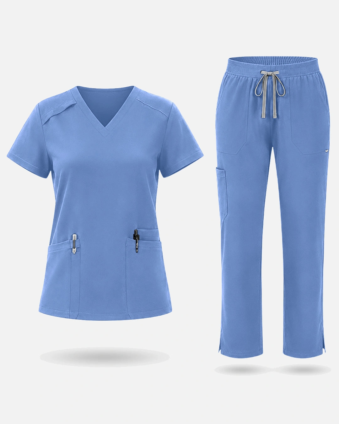Ceil Blue – Eadflie Women's Woven V-Neck Uniform Set – Straight-Leg Structured – product image 01