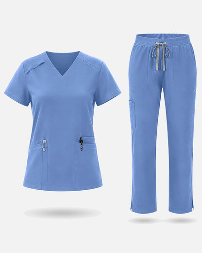 Ceil Blue – Eadflie Women's Woven V-Neck Uniform Set – Straight-Leg Structured – product image 01