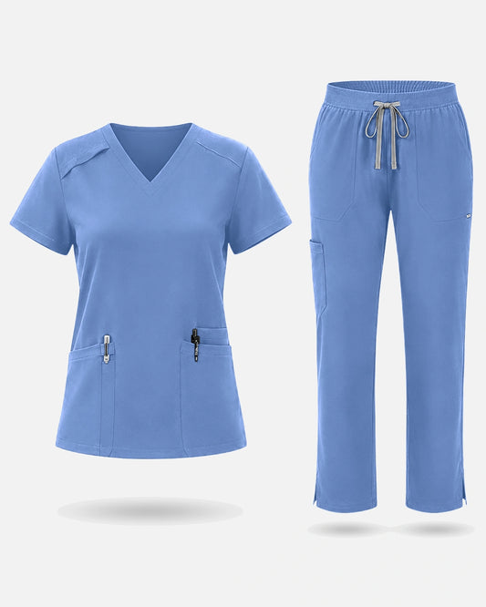 Ceil Blue – Eadflie Women's Woven V-Neck Uniform Set – Straight-Leg Structured – product image 01