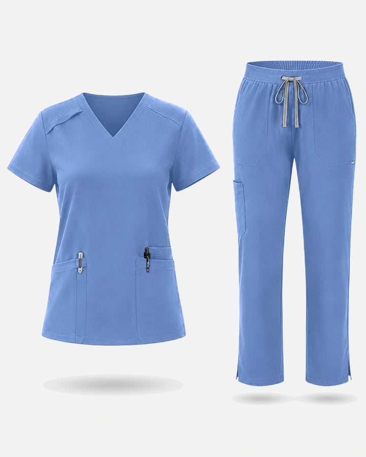 Eadflie Women's Woven V-Neck Uniform Set – Straight-Leg Structured - Ceil Blue