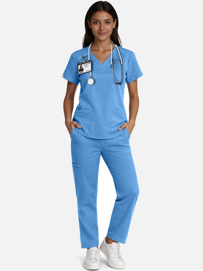 Ceil Blue – Eadflie Women's Woven V-Neck Uniform Set – Straight-Leg Structured – product image 01