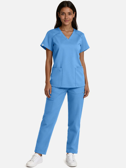 Ceil Blue – Eadflie Women's Woven V-Neck Uniform Set – Straight-Leg Structured – product image 03