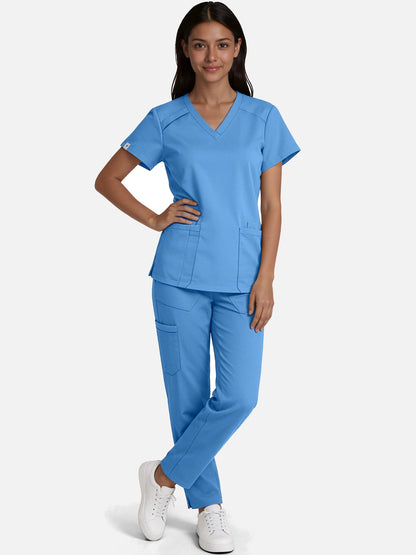Ceil Blue – Eadflie Women's Woven V-Neck Uniform Set – Straight-Leg Structured – product image 07