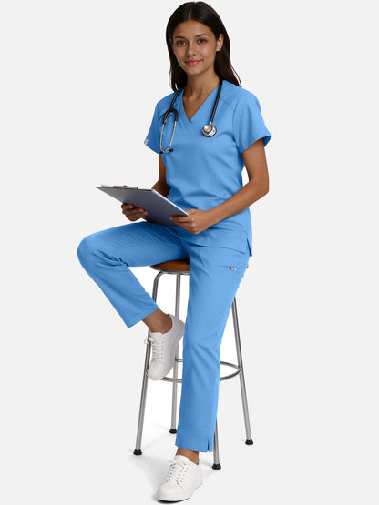 Ceil Blue – Eadflie Women's Woven V-Neck Uniform Set – Straight-Leg Structured – product image 08