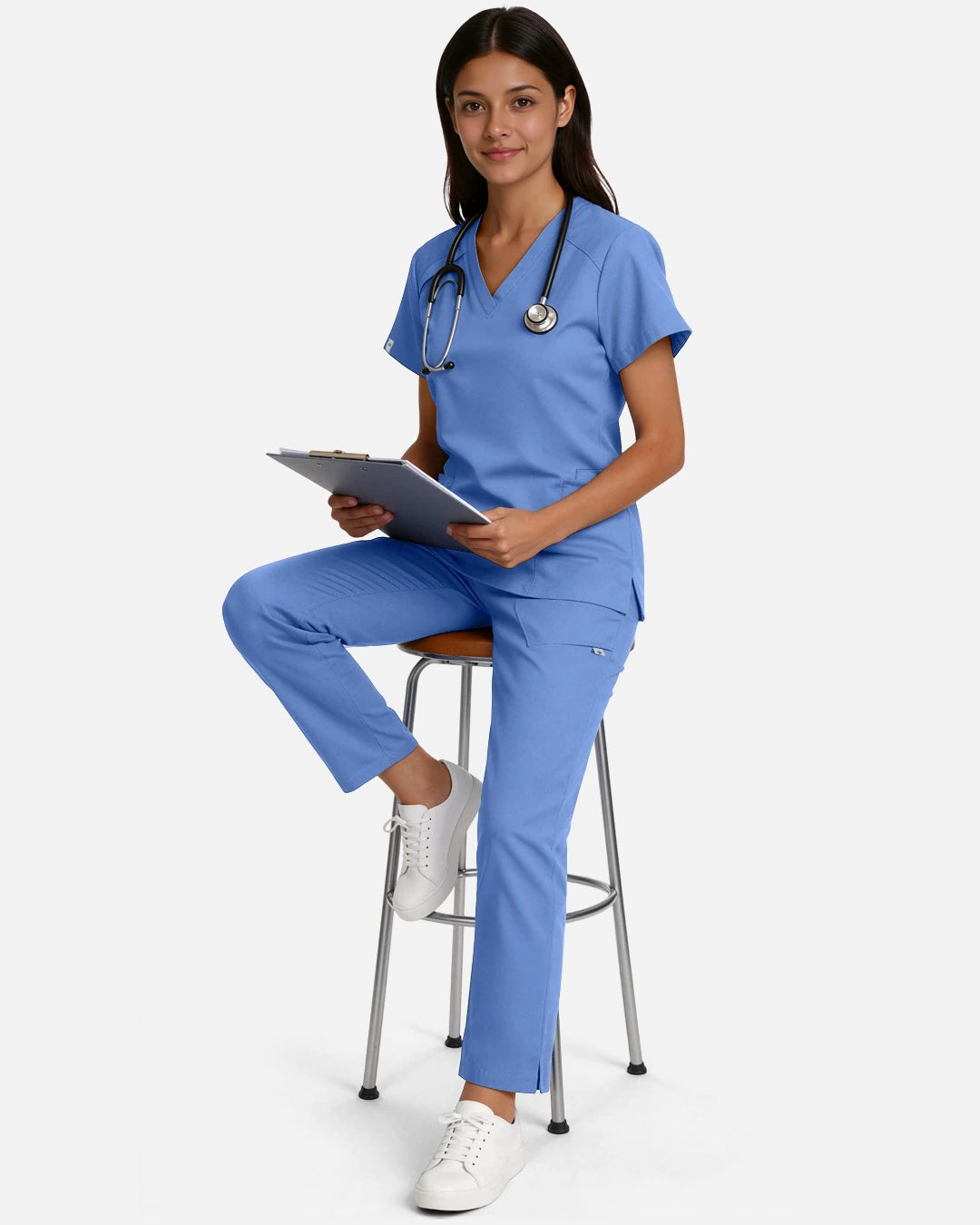 Ceil Blue – Eadflie Women's Woven V-Neck Uniform Top – Structured with Shoulder Piping – product image 23