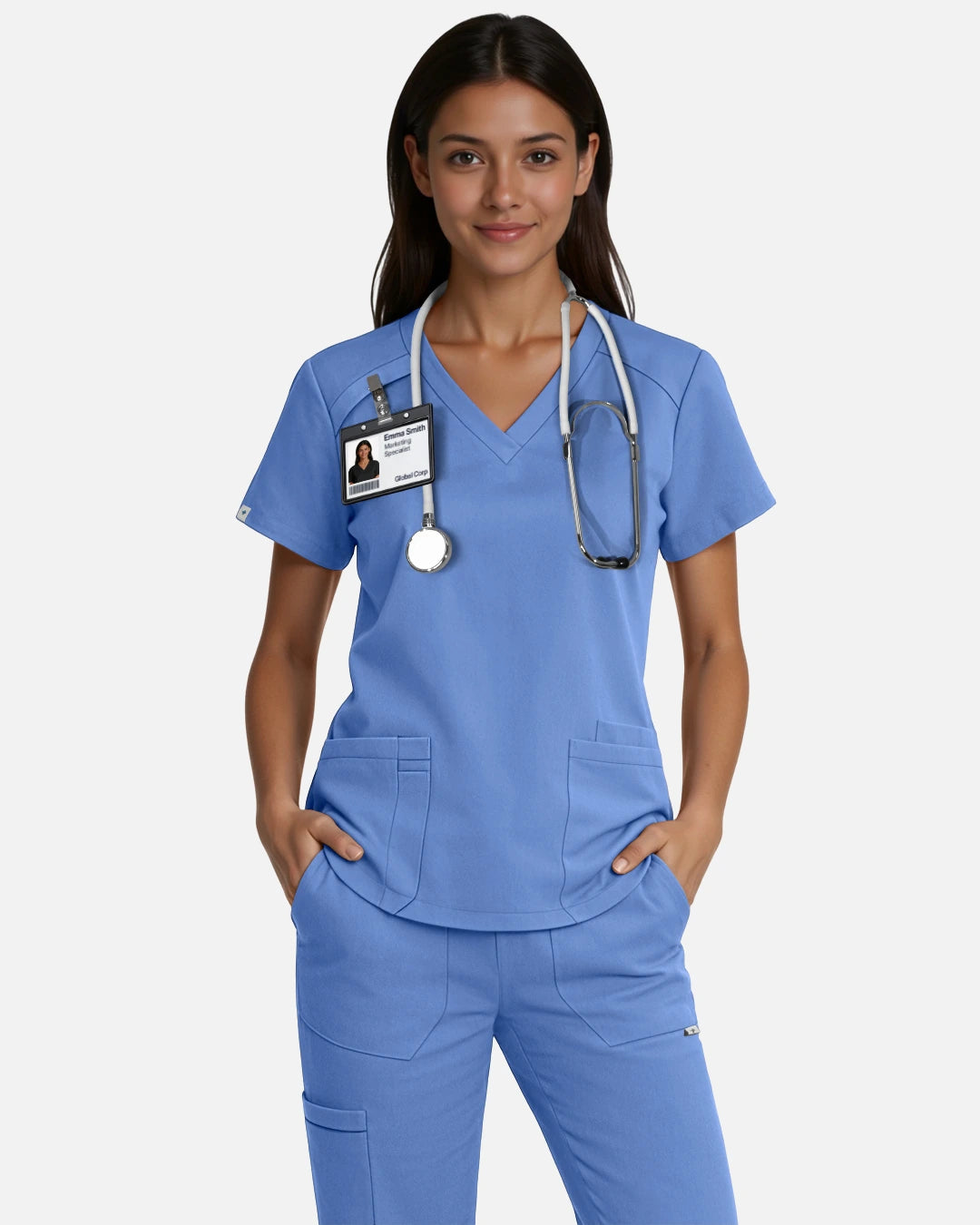 Ceil Blue – Eadflie Women's Woven V-Neck Uniform Top – Structured with Shoulder Piping – product image 24