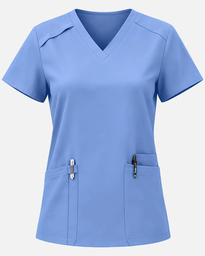 Eadflie Women's Woven V-Neck Uniform Top – Structured with Shoulder Piping - Ceil Blue