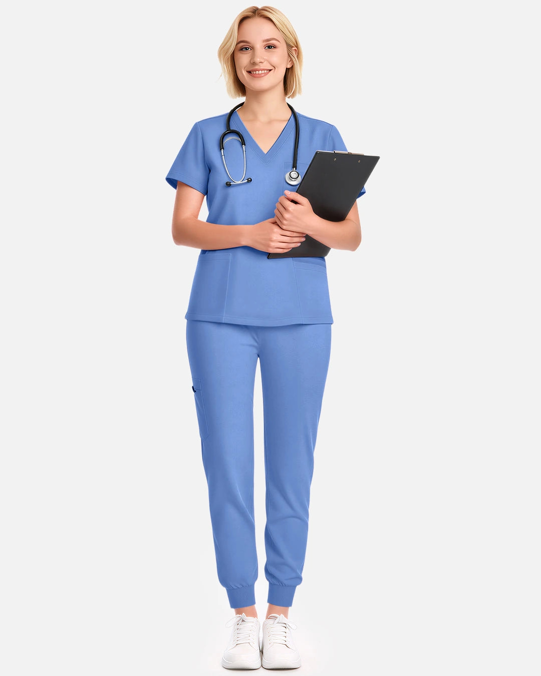 Ceil Blue – Eadflie Women's V-Neck Uniform Top – Short Sleeve 3-Pocket Soft Stretch – product image 38