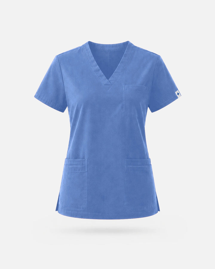 Eadflie Women's V-Neck Uniform Top – Short Sleeve 3-Pocket Soft Stretch - Ceil Blue