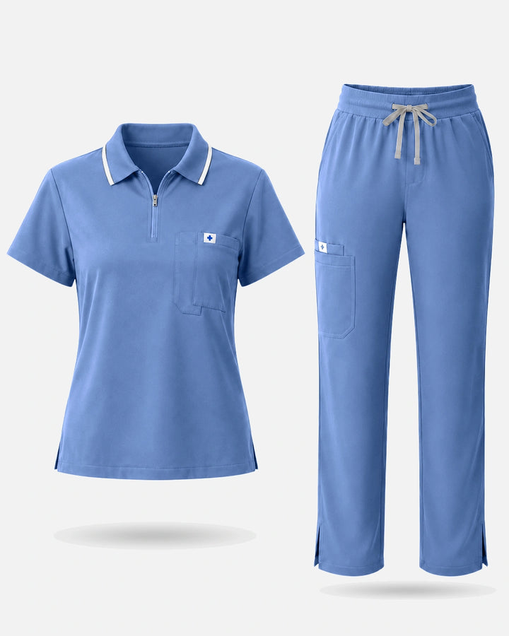 Eadflie Women's Zip Polo Straight-Leg Uniform Set - Ceil Blue