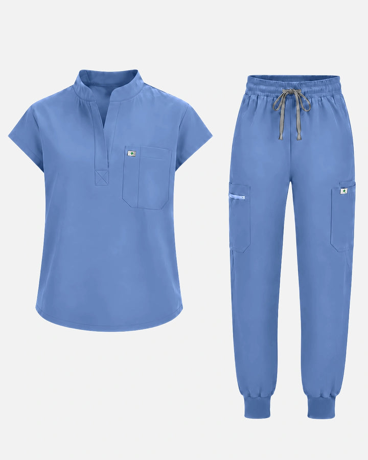 Eadflie Women's Henley Sleeveless Jogger Uniform Set - Ceil Blue