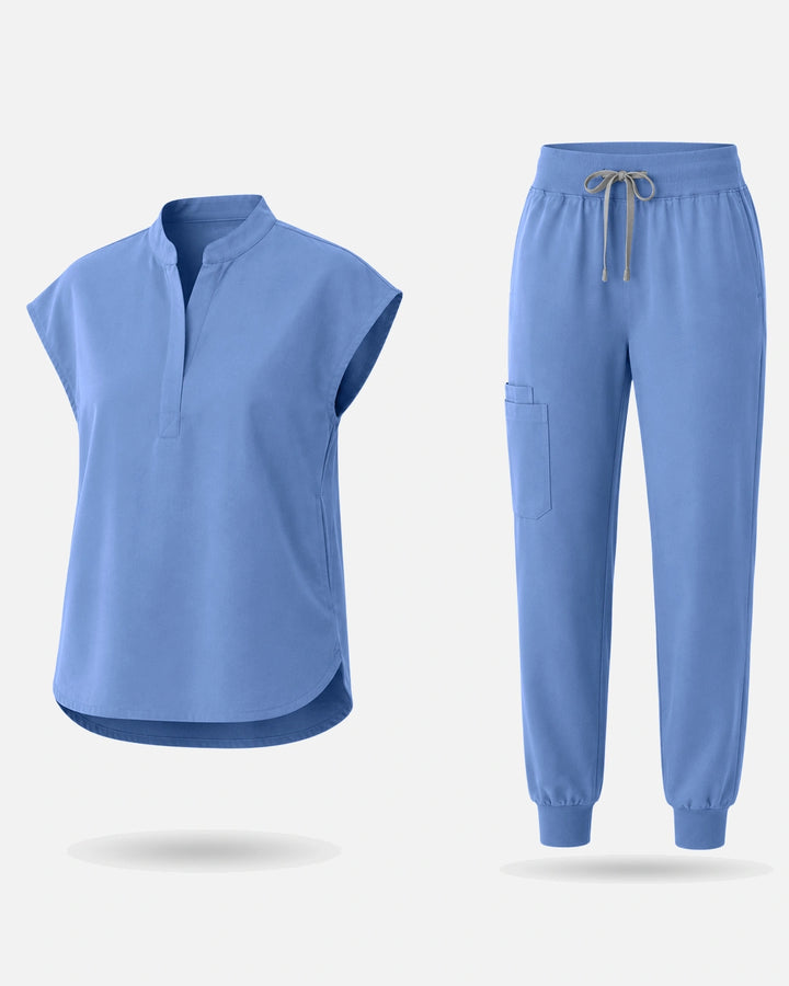 Eadflie Women's Sleeveless Mandarin Collar Jogger Uniform Set - Ceil Blue