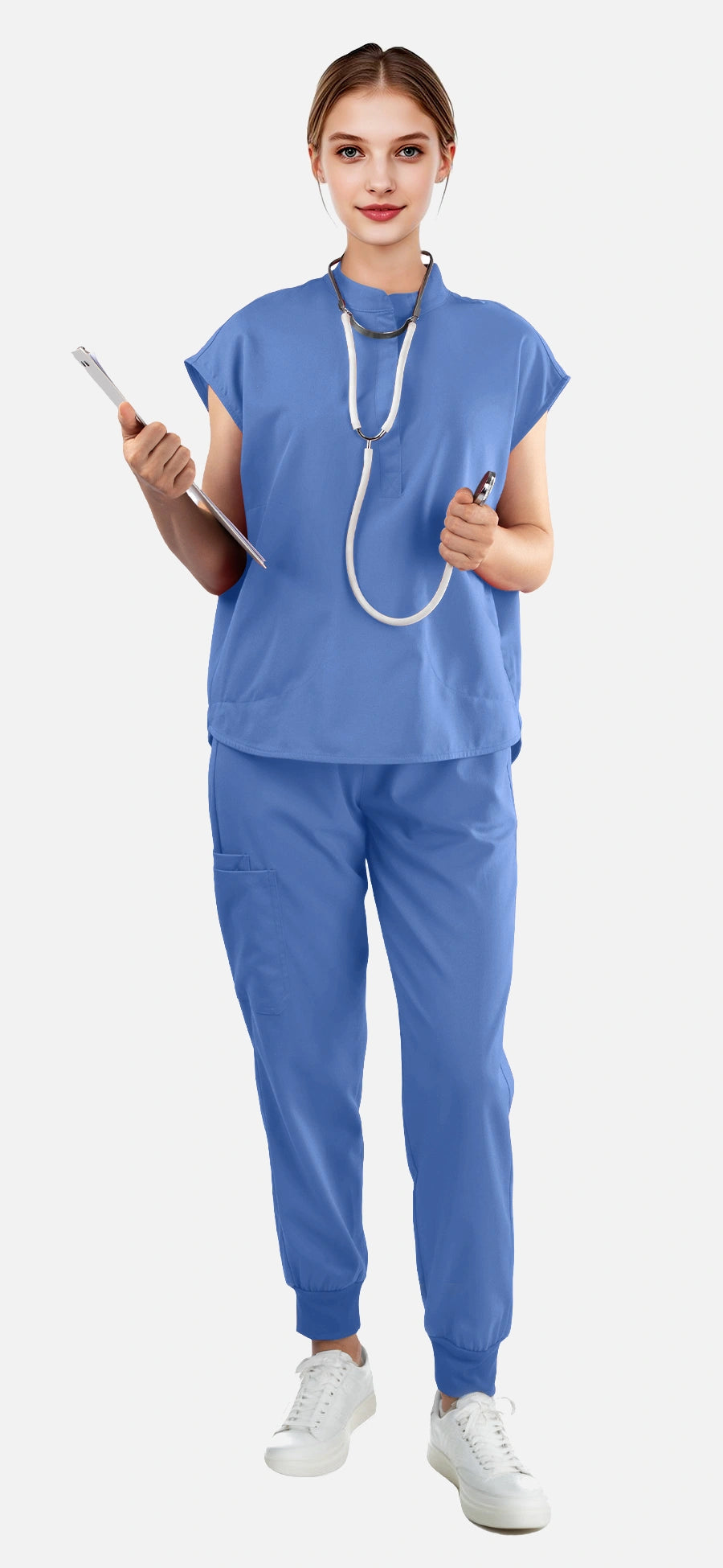 Ceil Blue – Eadflie Women's Sleeveless Mandarin Collar Jogger Uniform Set – product image 100