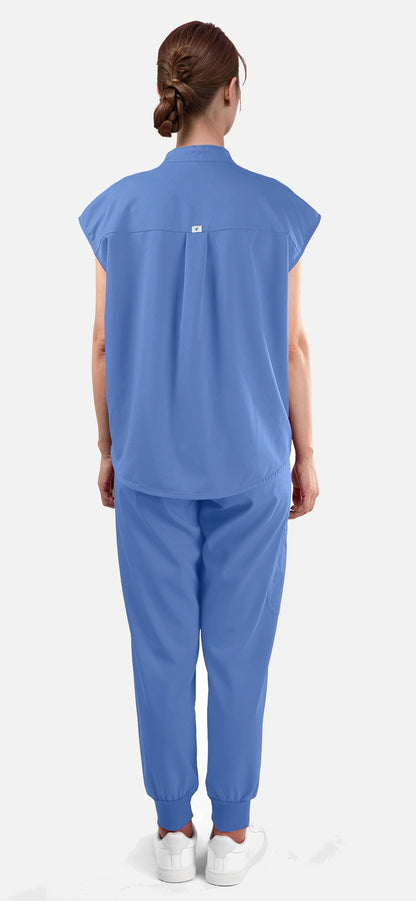 Ceil Blue – Eadflie Women's Sleeveless Mandarin Collar Jogger Uniform Set – product image 04