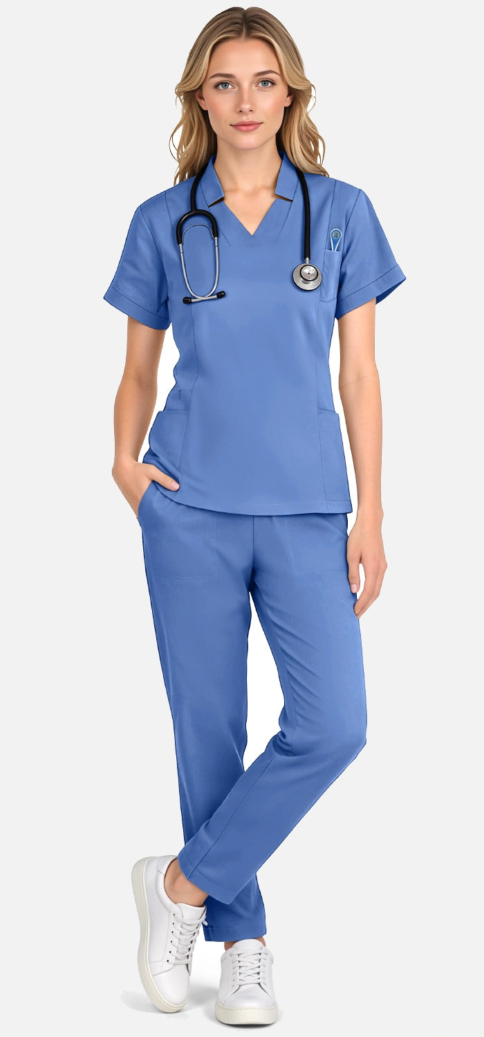 Ceil Blue – Eadflie Women's Split V-Neck Uniform Set – Tapered-Leg 9-Pocket Slim Fit – product image 98