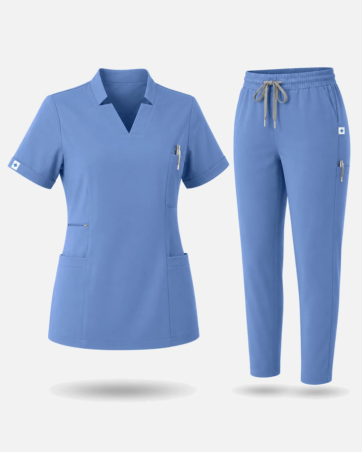 Eadflie Women's Split V-Neck Uniform Set – Tapered-Leg 9-Pocket Slim Fit - Ceil Blue