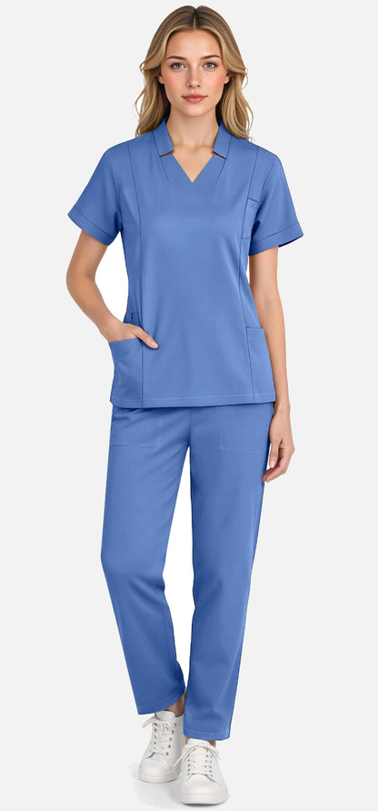 Ceil Blue – Eadflie Women's Split V-Neck Uniform Set – Tapered-Leg 9-Pocket Slim Fit – product image 99