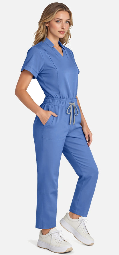 Ceil Blue – Eadflie Women's Split V-Neck Uniform Set – Tapered-Leg 9-Pocket Slim Fit – product image 100